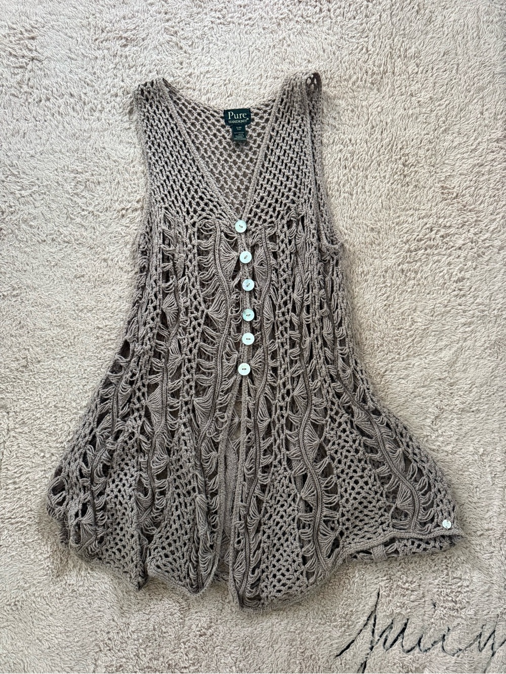 Pure Crochet Open-Knit Taupe Button-Front Tunic Vest